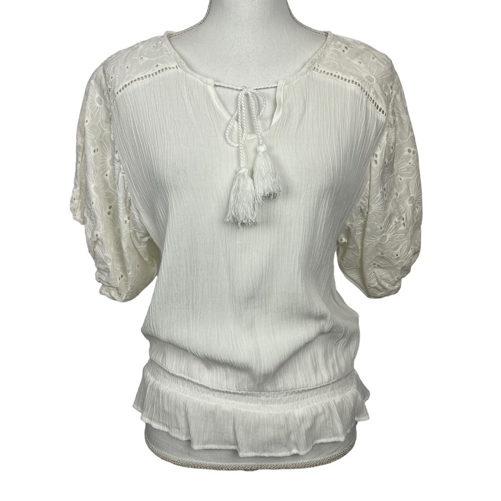 MAURICES Women’s Pullover Bohemian Peasant Top Sz XS Ivory Color Eyelet Sleeves